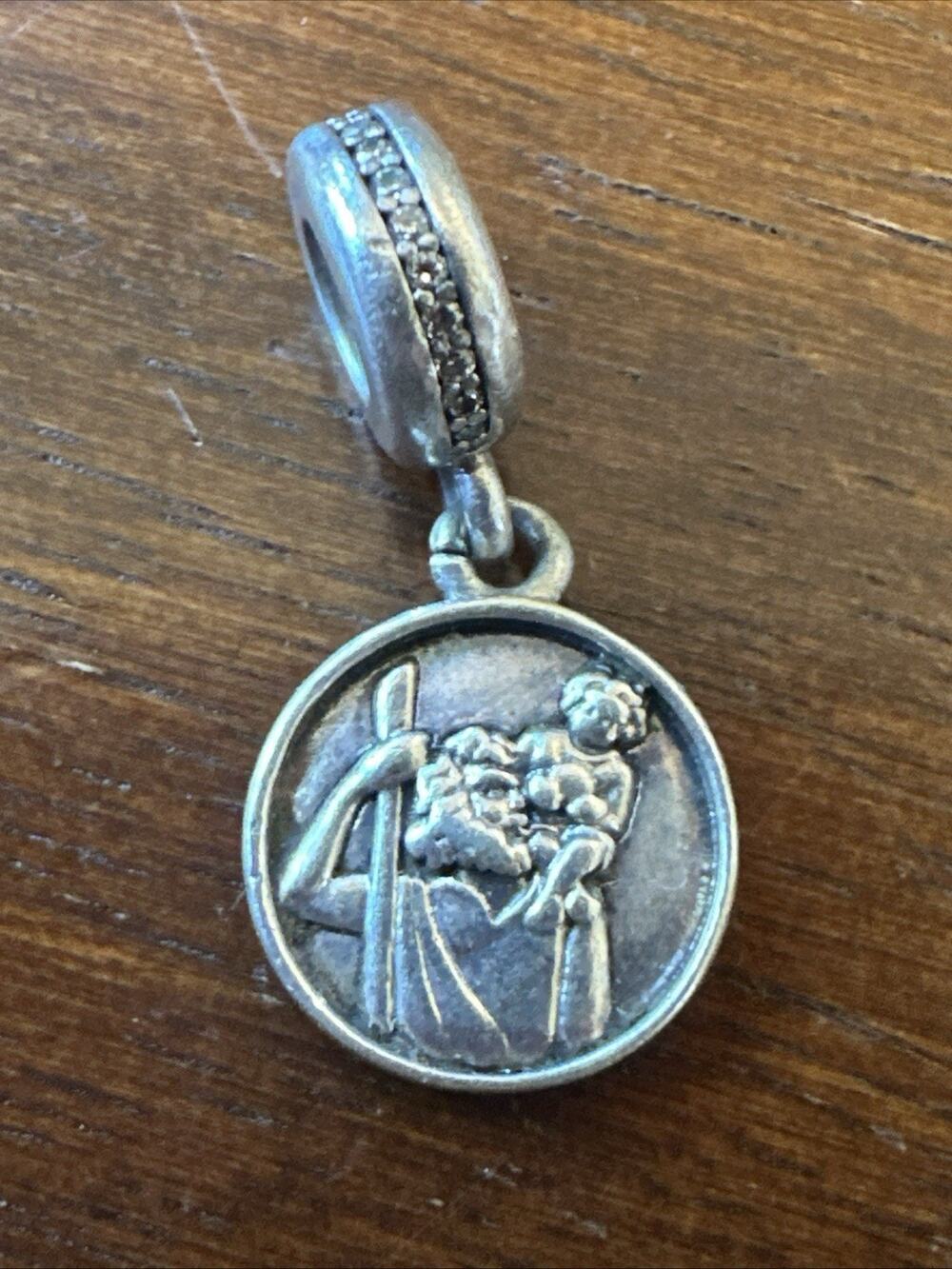 St CHRISTOPHER Authentic PANDORA Silver GUARDIAN OF TRAVEL Dangle Charm 791715CZ